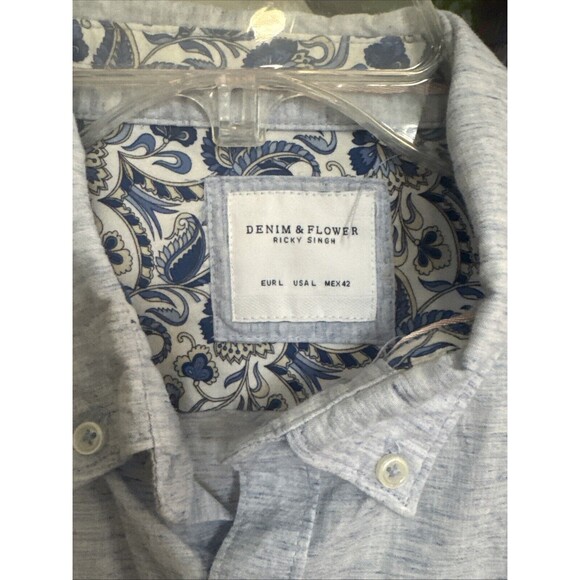 Denim & Flower Ricky Singh Short Sleeve Button Down Shirt Men's Large Blue - Picture 2 of 12